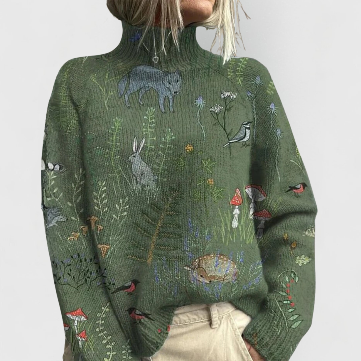Stickad tröja med blommönster och mock neck för dam-Sweaters for Women-Fjallbarn