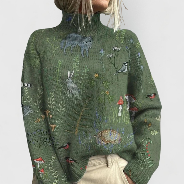 Stickad tröja med blommönster och mock neck för dam-Sweaters for Women-Fjallbarn