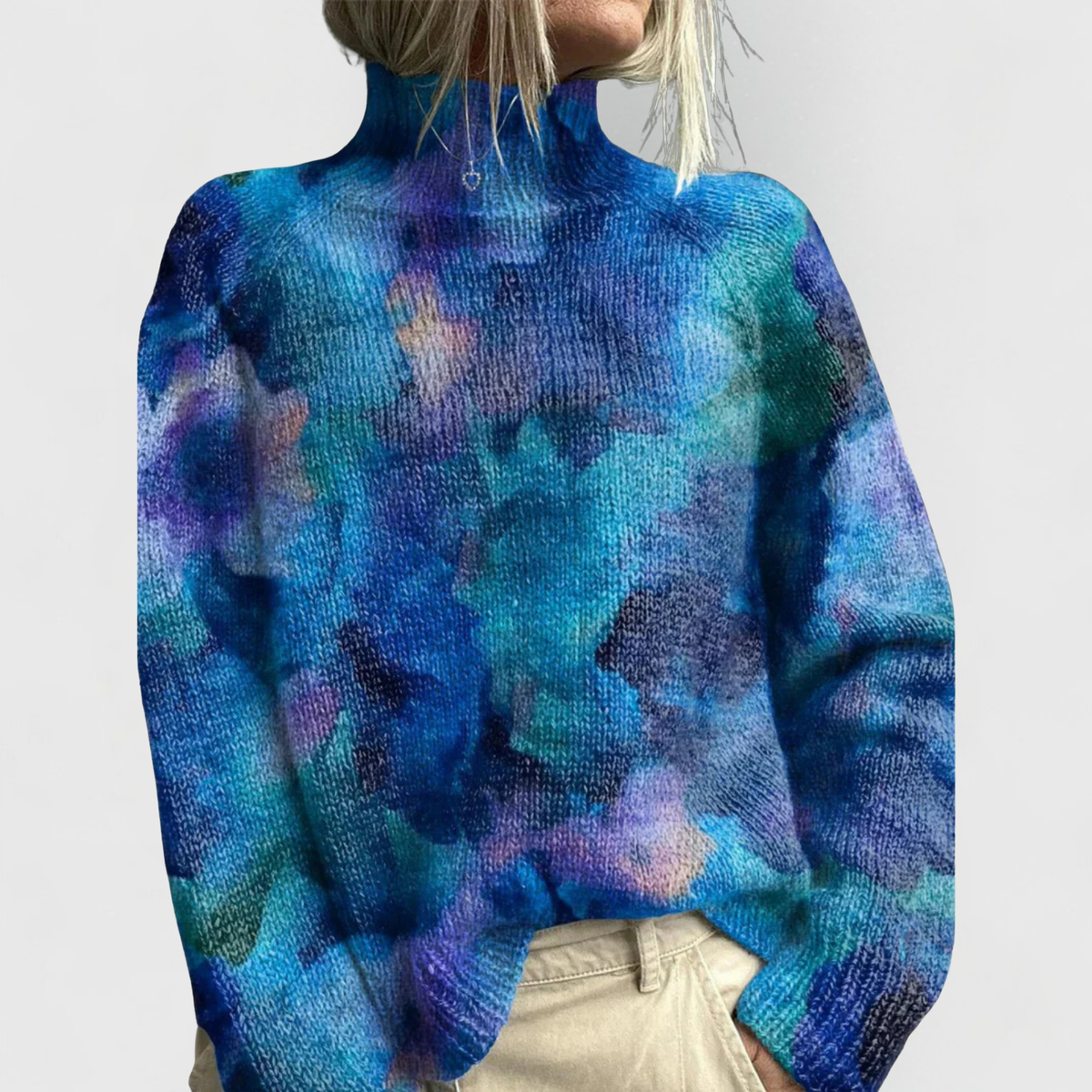 Stickad tröja med blommönster och mock neck för dam-Sweaters for Women-Fjallbarn