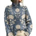 Stickad tröja med blommönster och mock neck för dam-Sweaters for Women-Fjallbarn