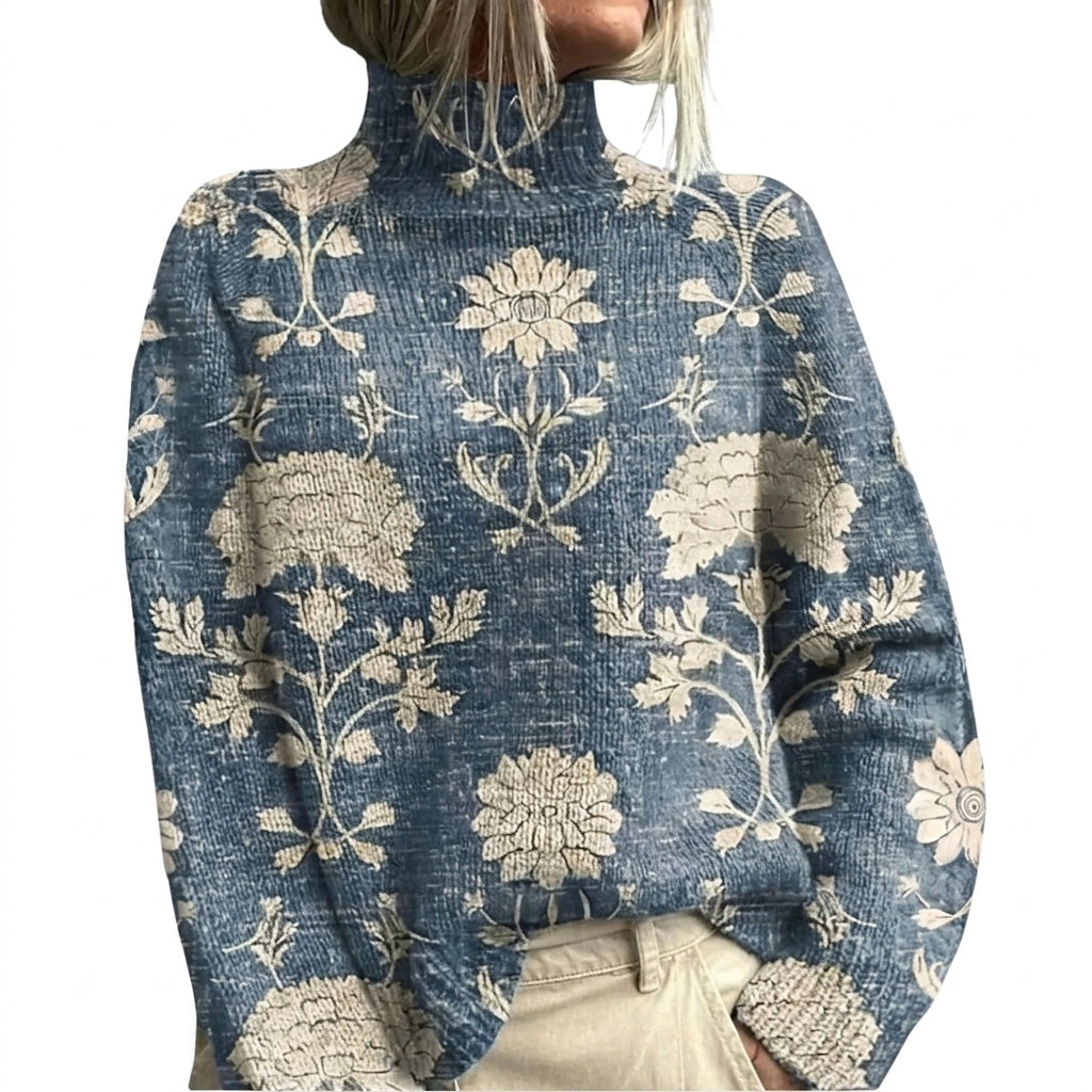 Stickad tröja med blommönster och mock neck för dam-Sweaters for Women-Fjallbarn