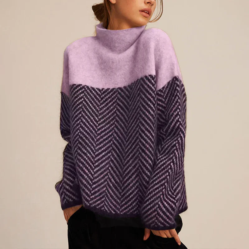 Stickad tröja med chevronmönster och polokrage för dam-Sweaters for Women-Fjallbarn