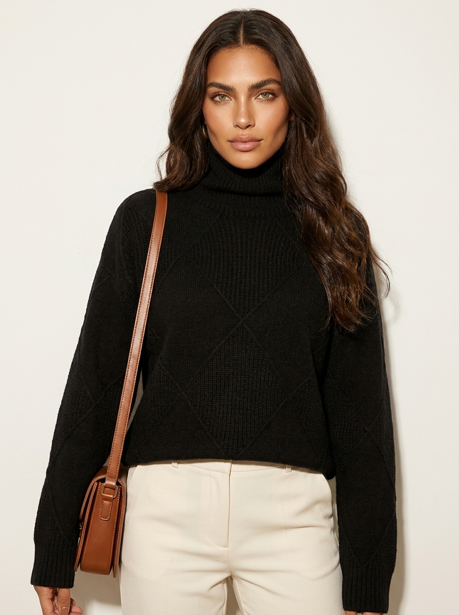 Stickad tröja med diamantmönster för dam-Sweaters for Women-Fjallbarn