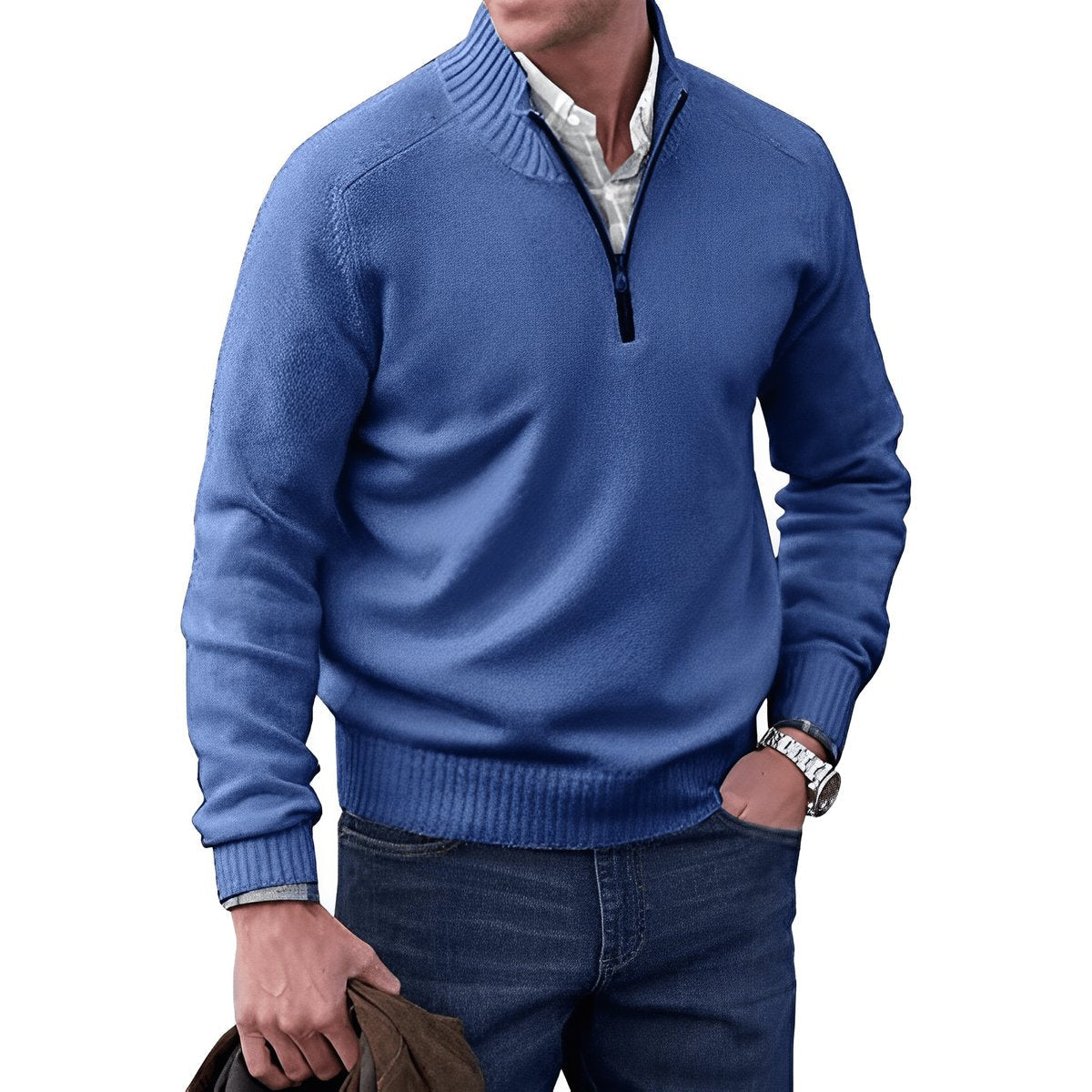 Stickad tröja med dragkedja för herrar och ribbad kant-Sweaters for men-Fjallbarn