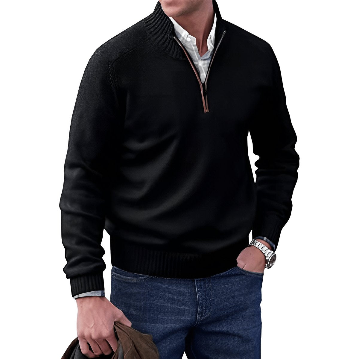 Stickad tröja med dragkedja för herrar och ribbad kant-Sweaters for men-Fjallbarn