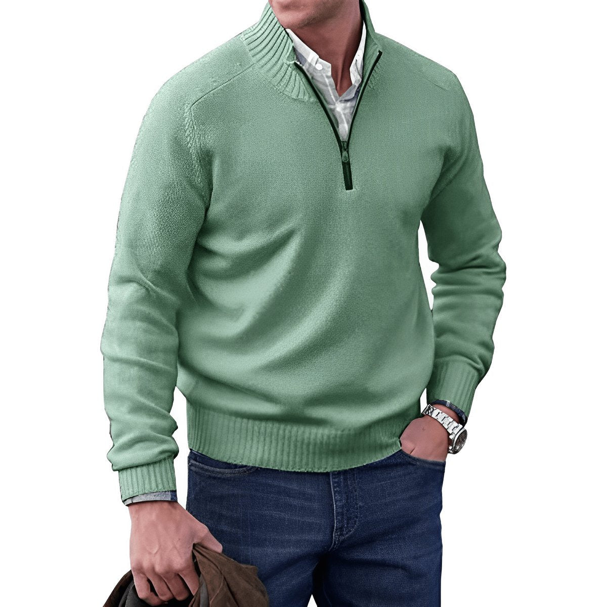 Stickad tröja med dragkedja för herrar och ribbad kant-Sweaters for men-Fjallbarn