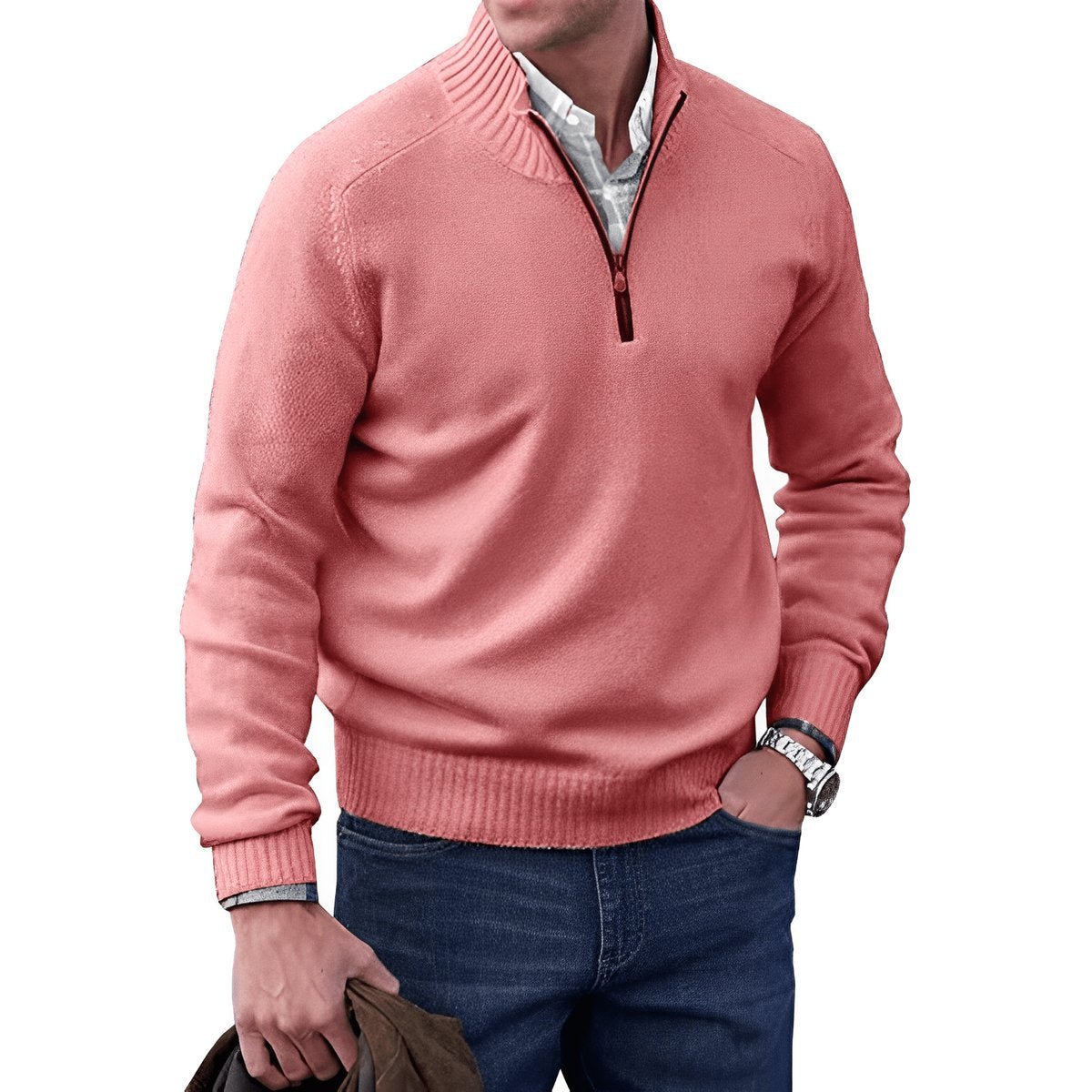 Stickad tröja med dragkedja för herrar och ribbad kant-Sweaters for men-Fjallbarn