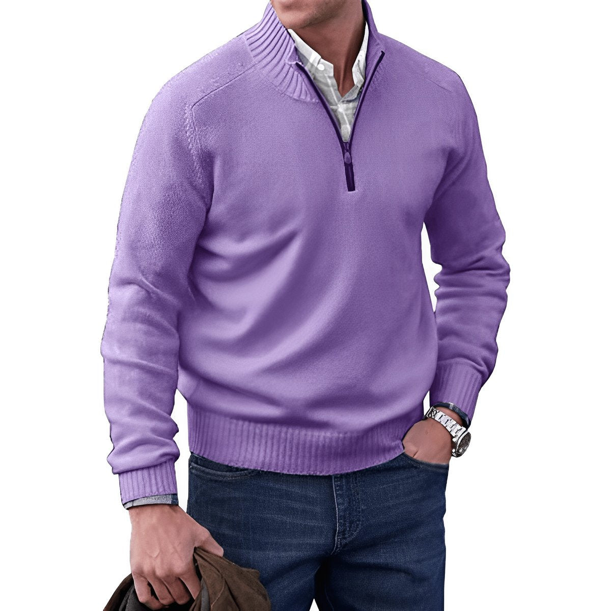 Stickad tröja med dragkedja för herrar och ribbad kant-Sweaters for men-Fjallbarn