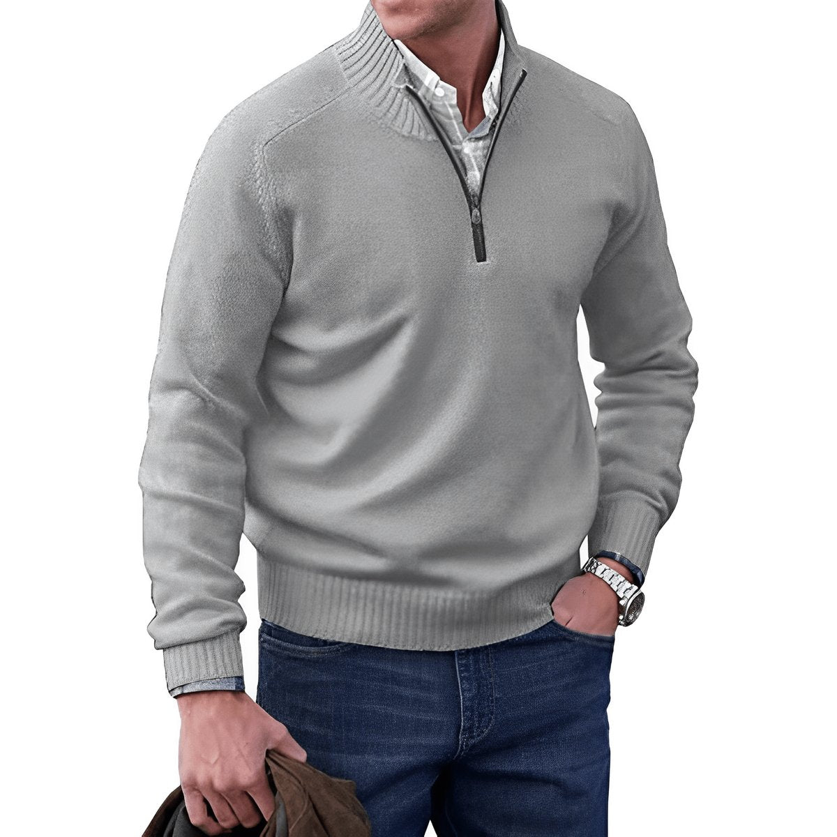 Stickad tröja med dragkedja för herrar och ribbad kant-Sweaters for men-Fjallbarn
