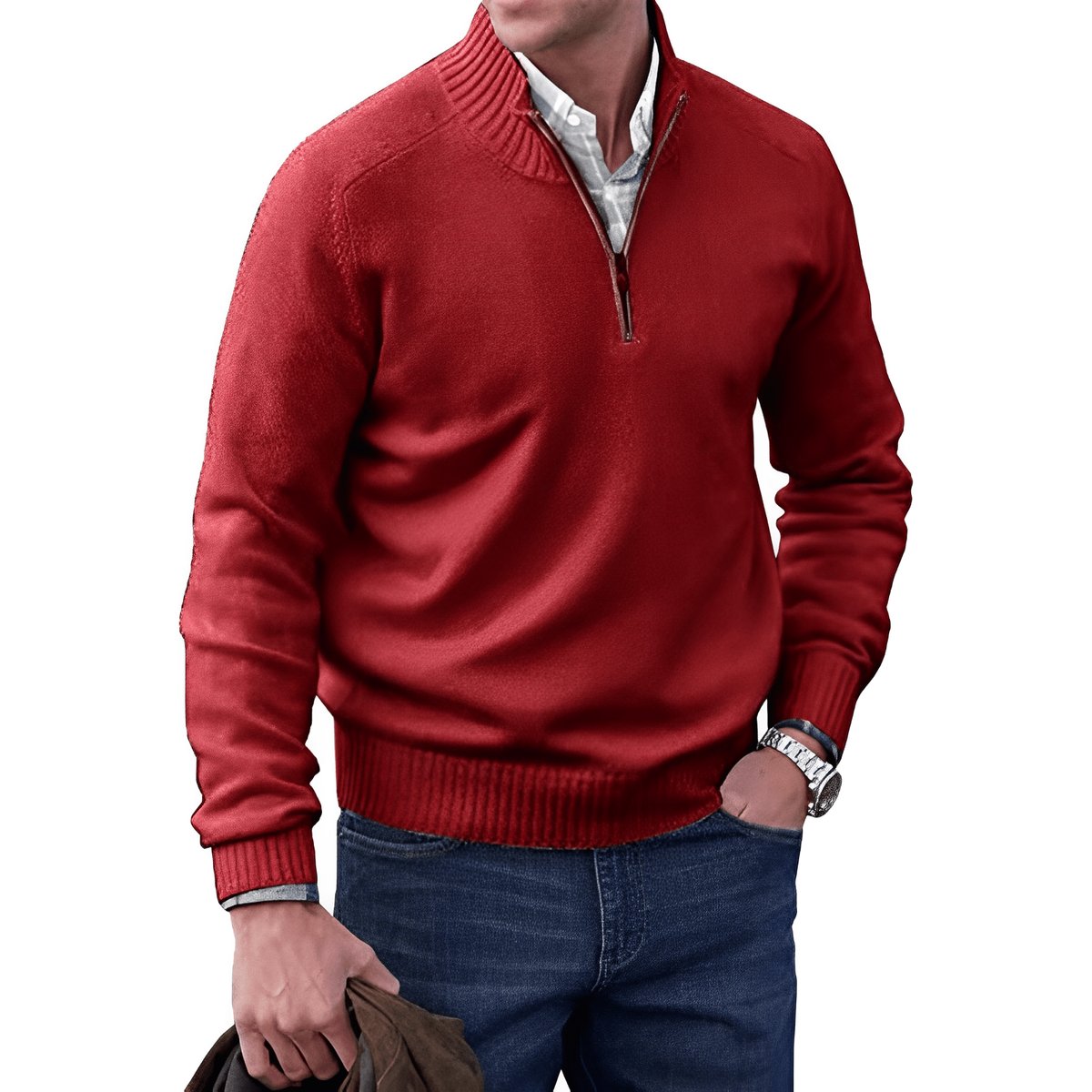 Stickad tröja med dragkedja för herrar och ribbad kant-Sweaters for men-Fjallbarn