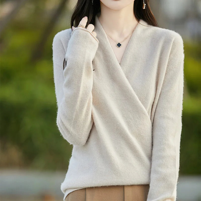 Stickad tröja med omlottfront för dam-Sweaters for Women-Fjallbarn