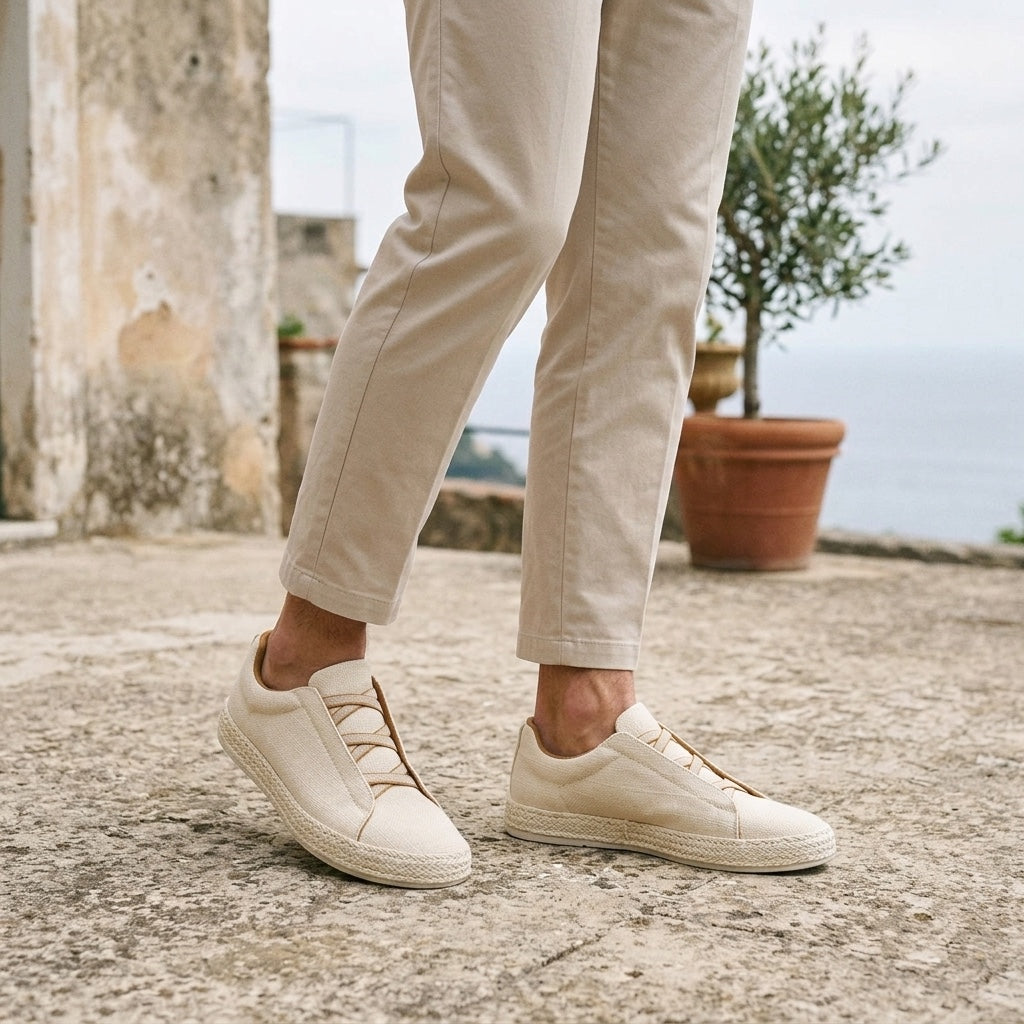 Stickade slip-on-sneakers för män med jutekant-Footwear for men-Fjallbarn