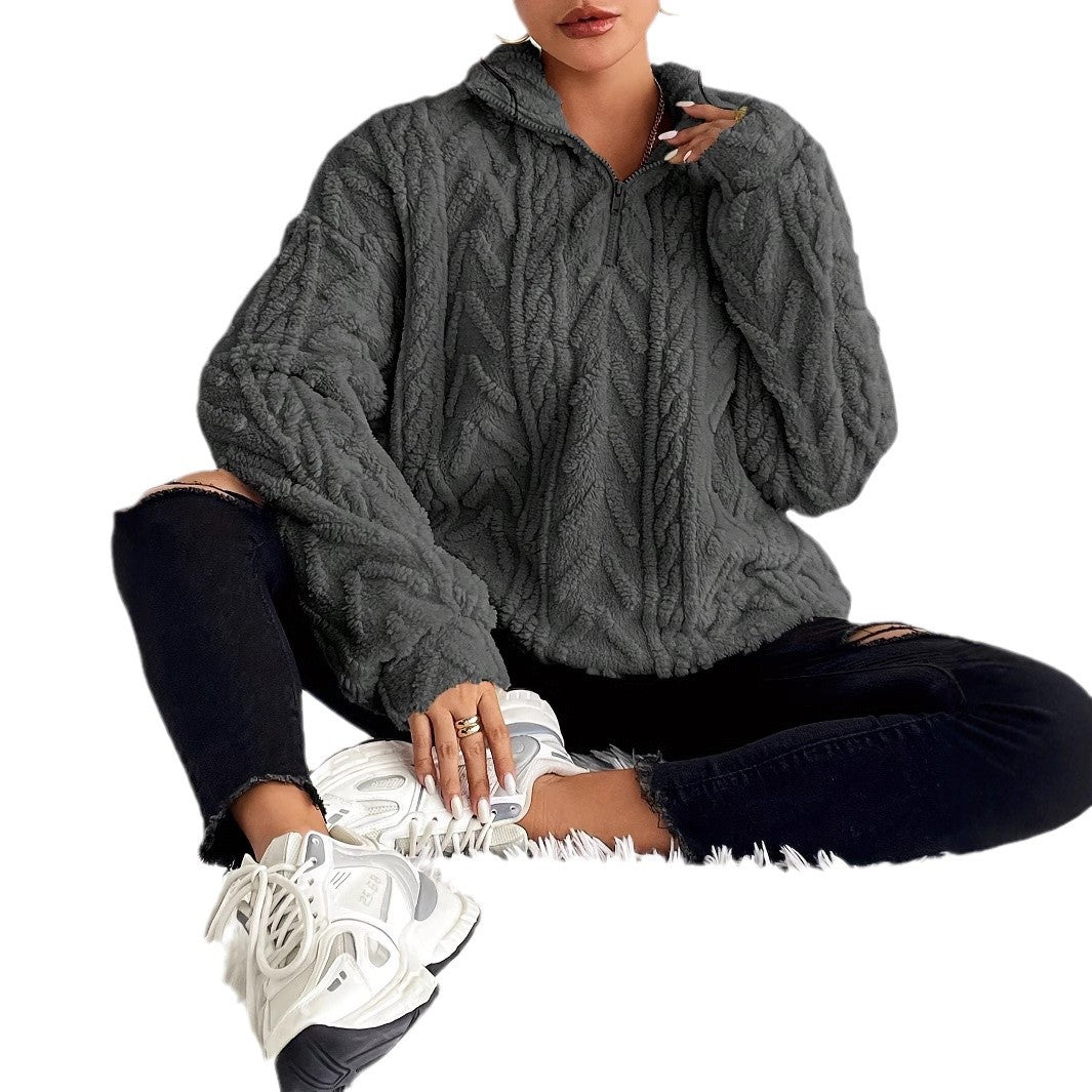 Texturerad fleece-tröja med dragkedja för dam-Sweaters for Women-Fjallbarn