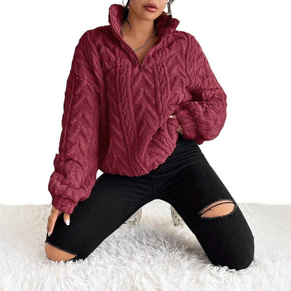 Texturerad fleece-tröja med dragkedja för dam-Sweaters for Women-Fjallbarn