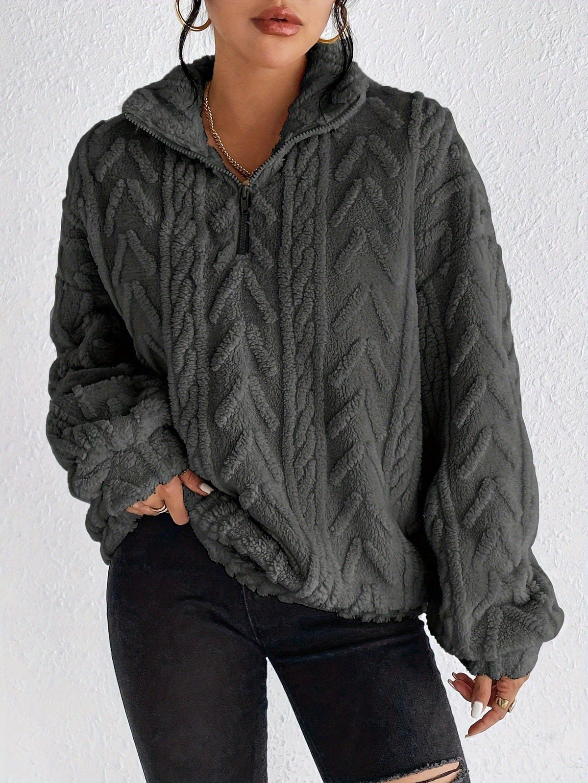 Texturerad fleece-tröja med dragkedja för dam-Sweaters for Women-Fjallbarn