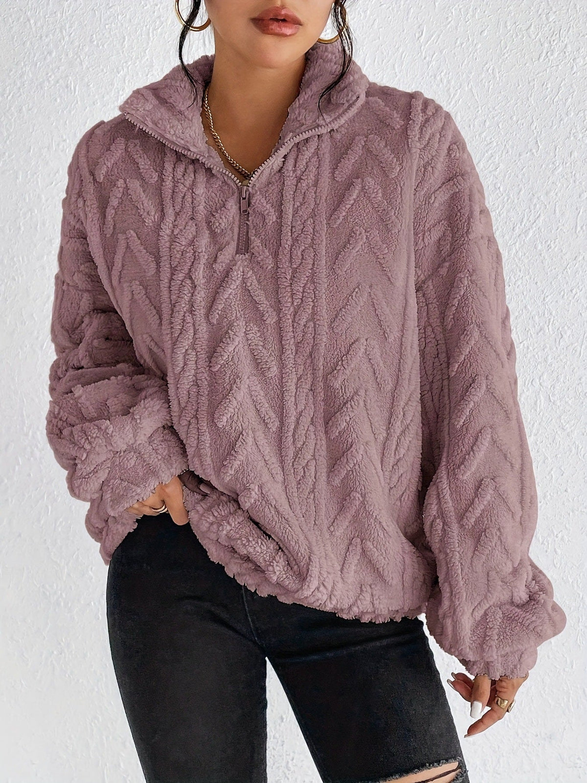 Texturerad fleece-tröja med dragkedja för dam-Sweaters for Women-Fjallbarn