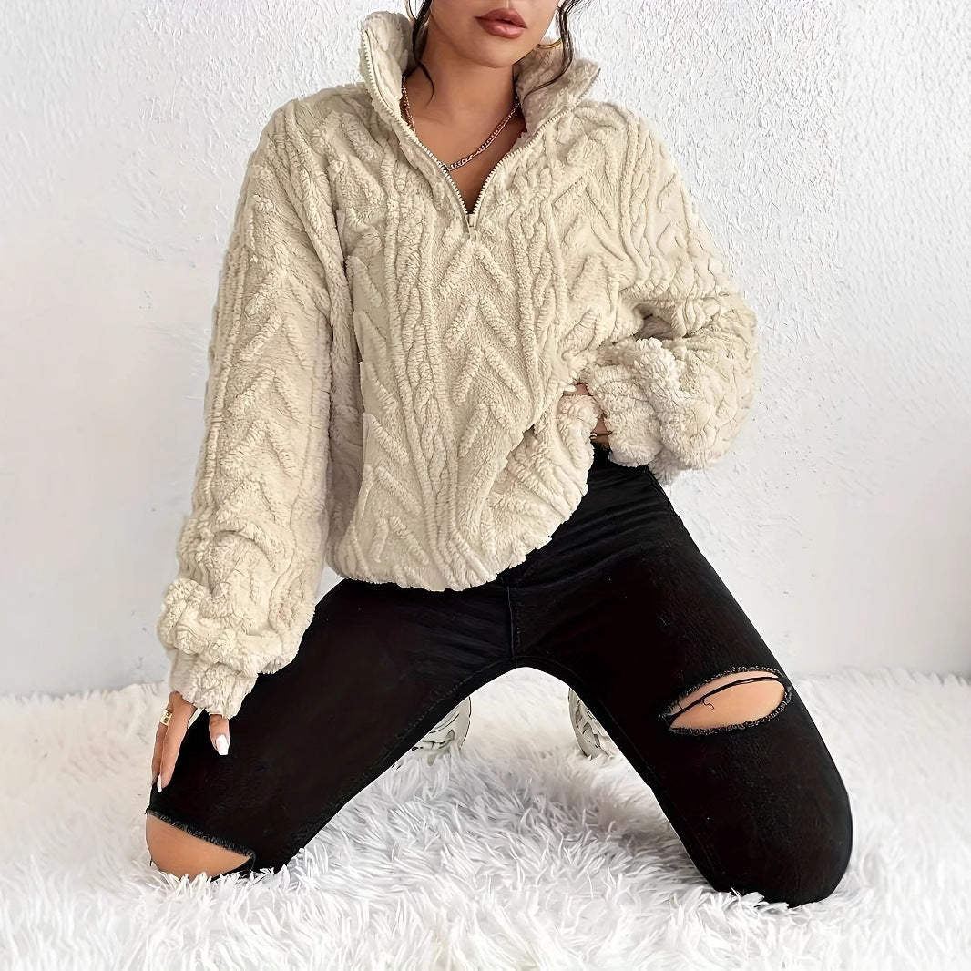 Texturerad fleece-tröja med dragkedja för dam-Sweaters for Women-Fjallbarn