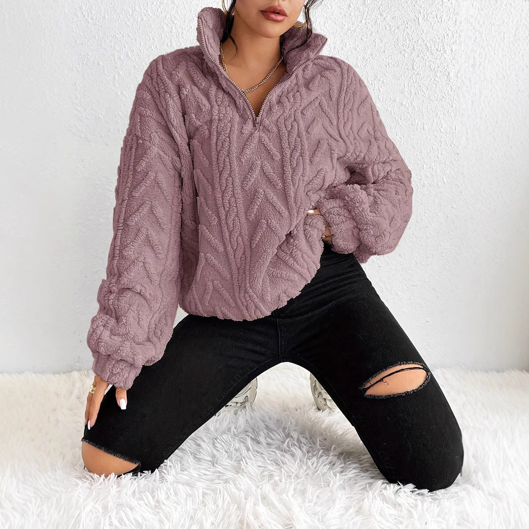 Texturerad fleece-tröja med dragkedja för dam-Sweaters for Women-Fjallbarn