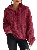 Texturerad fleece-tröja med dragkedja för dam-Sweaters for Women-Fjallbarn