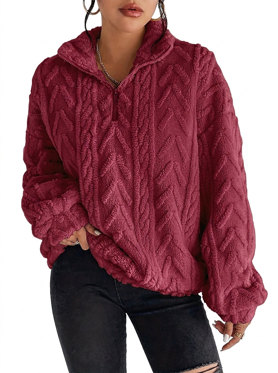 Texturerad fleece-tröja med dragkedja för dam-Sweaters for Women-Fjallbarn