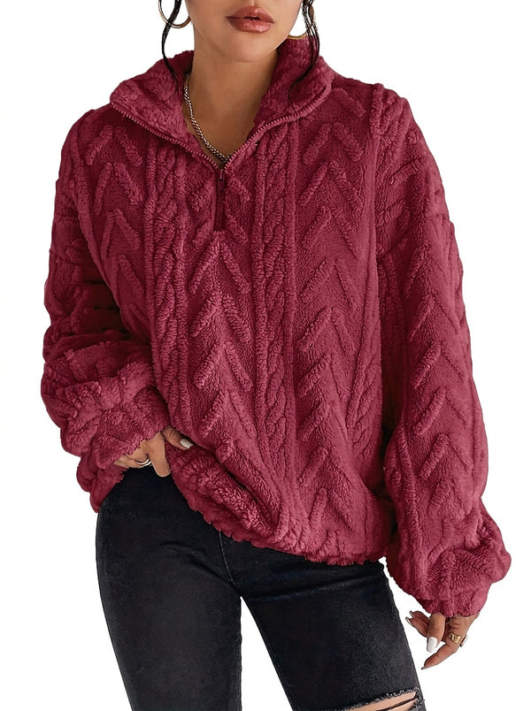Texturerad fleece-tröja med dragkedja för dam-Sweaters for Women-Fjallbarn
