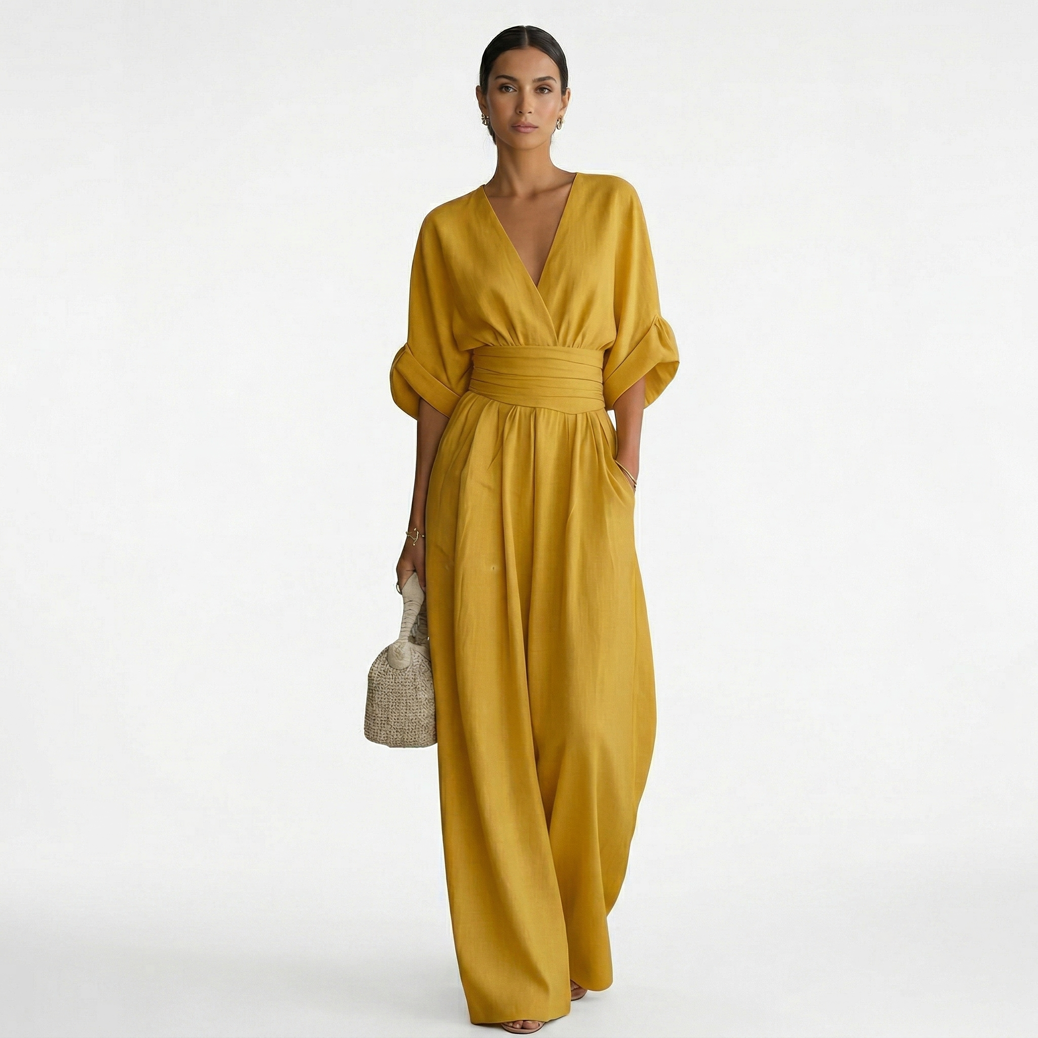 V-ringad jumpsuit med vida ben och midjeband för dam-Jumpsuits for women-Fjallbarn
