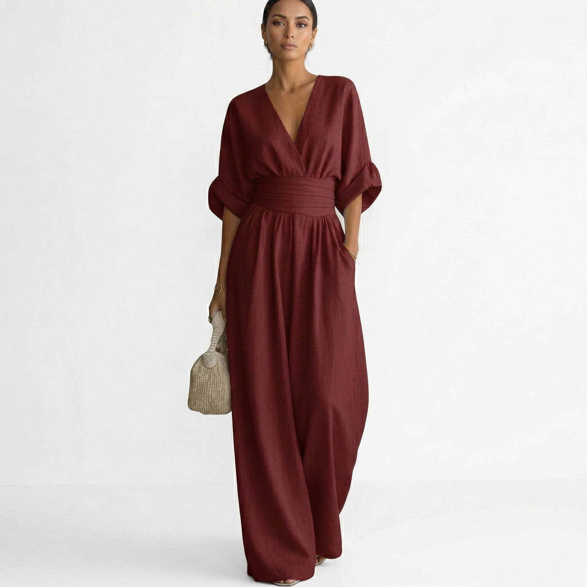 V-ringad jumpsuit med vida ben och midjeband för dam-Jumpsuits for women-Fjallbarn