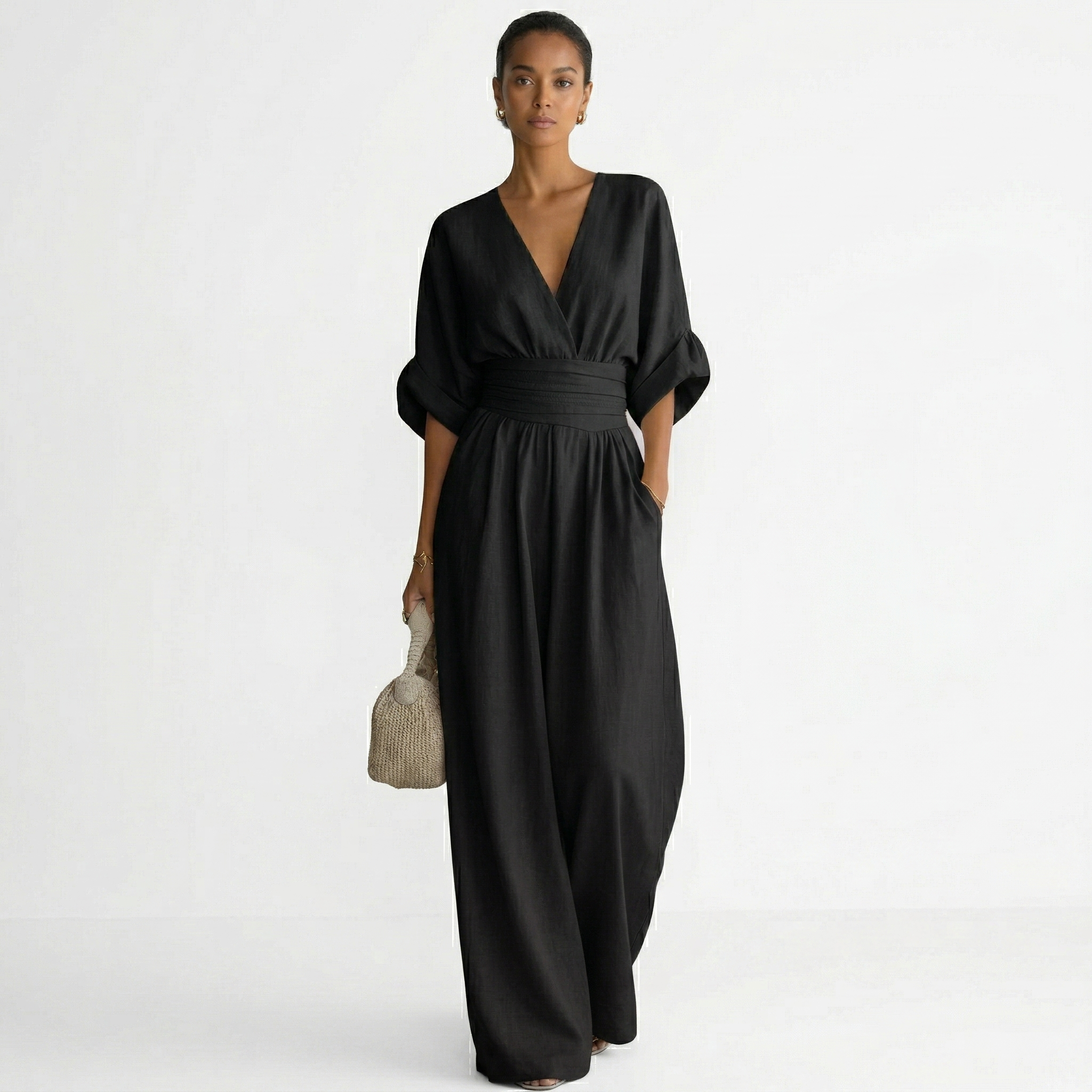 V-ringad jumpsuit med vida ben och midjeband för dam-Jumpsuits for women-Fjallbarn