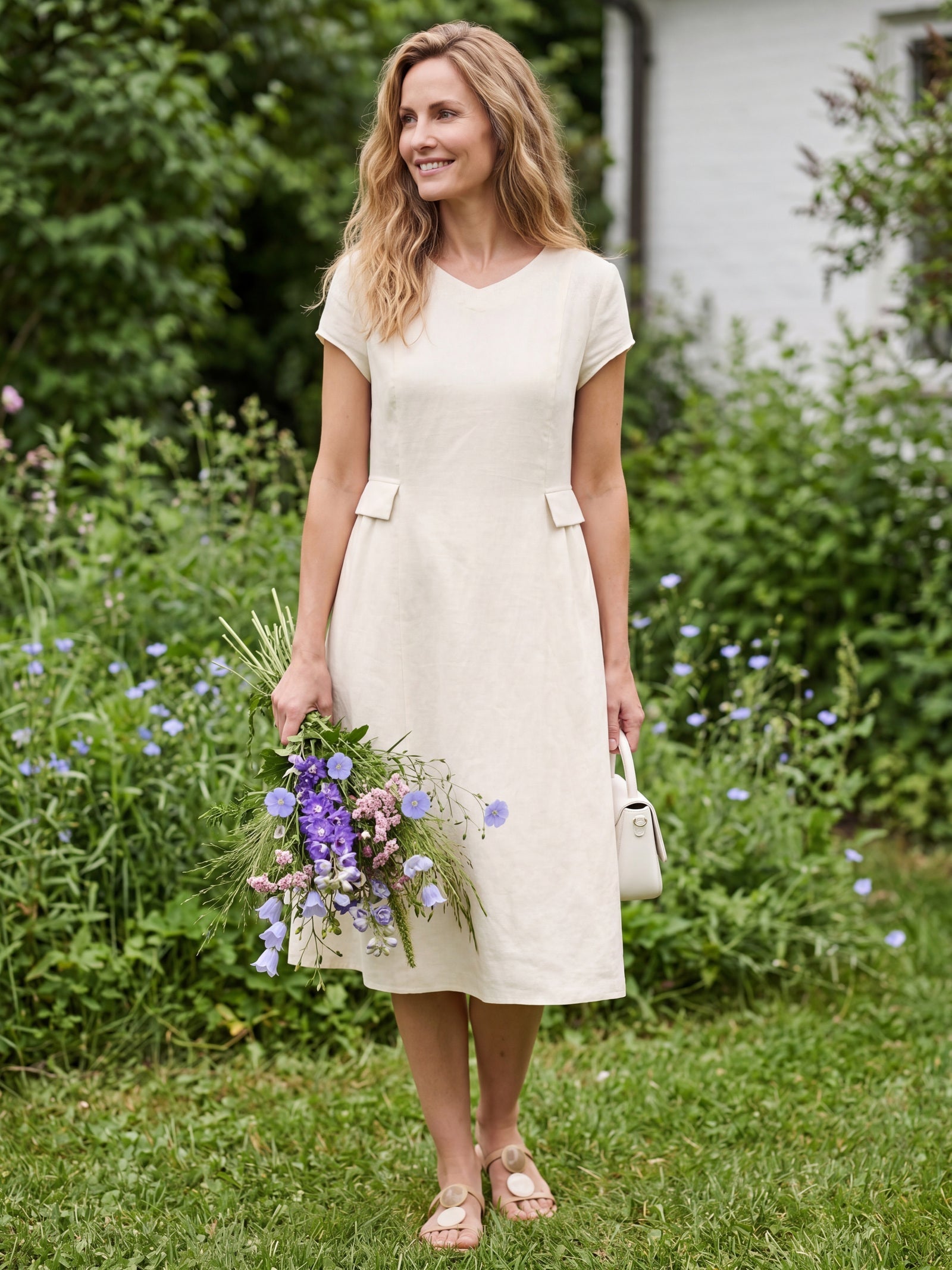 V-ringad kortärmad midiklänning i linne för dam-Midi Dress-Fjallbarn