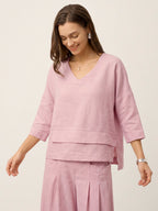 V-ringad linnetopp med lager-på-lager-fåll för dam-Tops for women-Fjallbarn