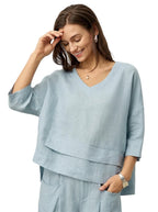 V-ringad linnetopp med lager-på-lager-fåll för dam-Tops for women-Fjallbarn