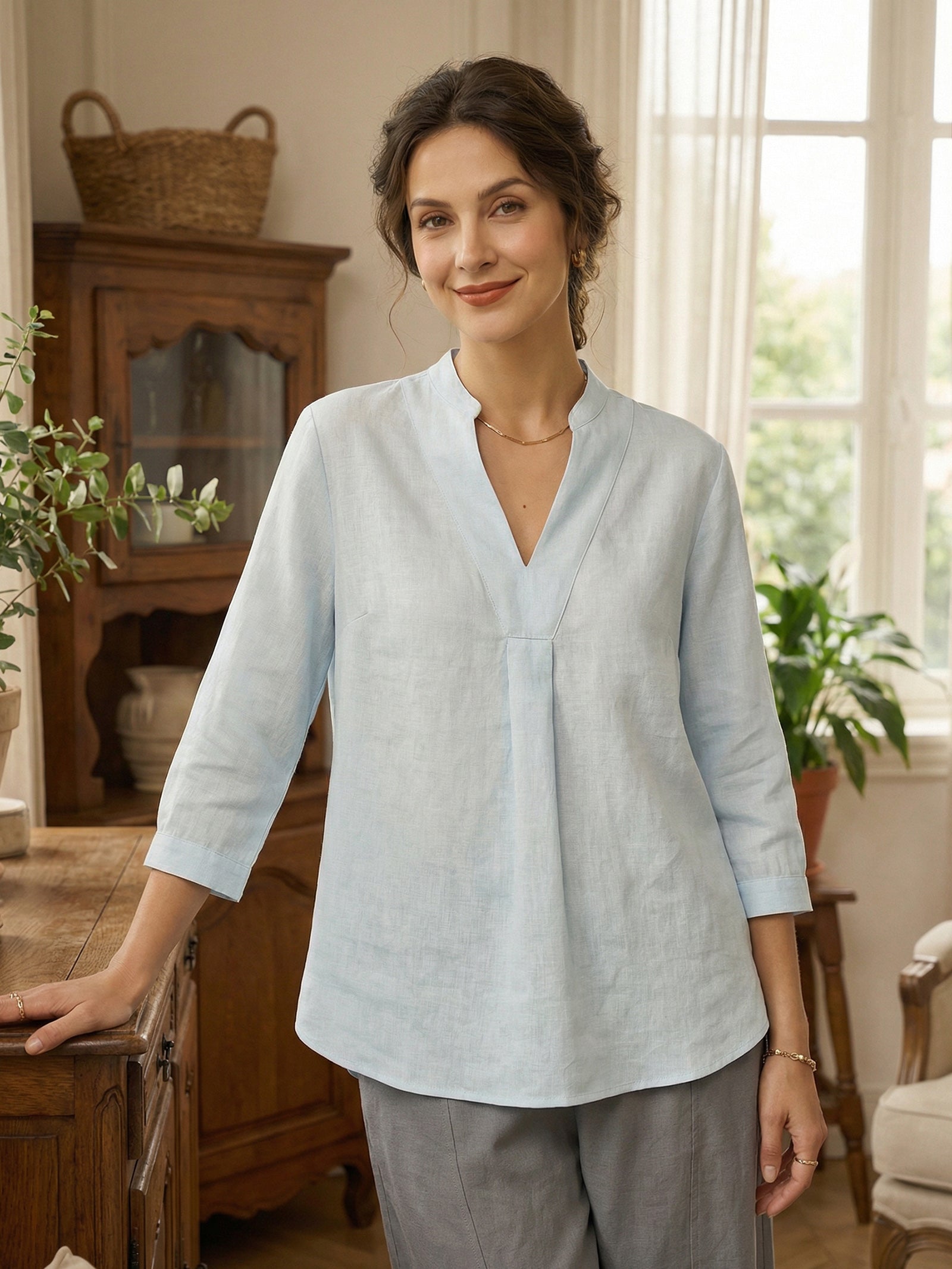 V-ringad linnetunika för dam-Shirts for women-Fjallbarn