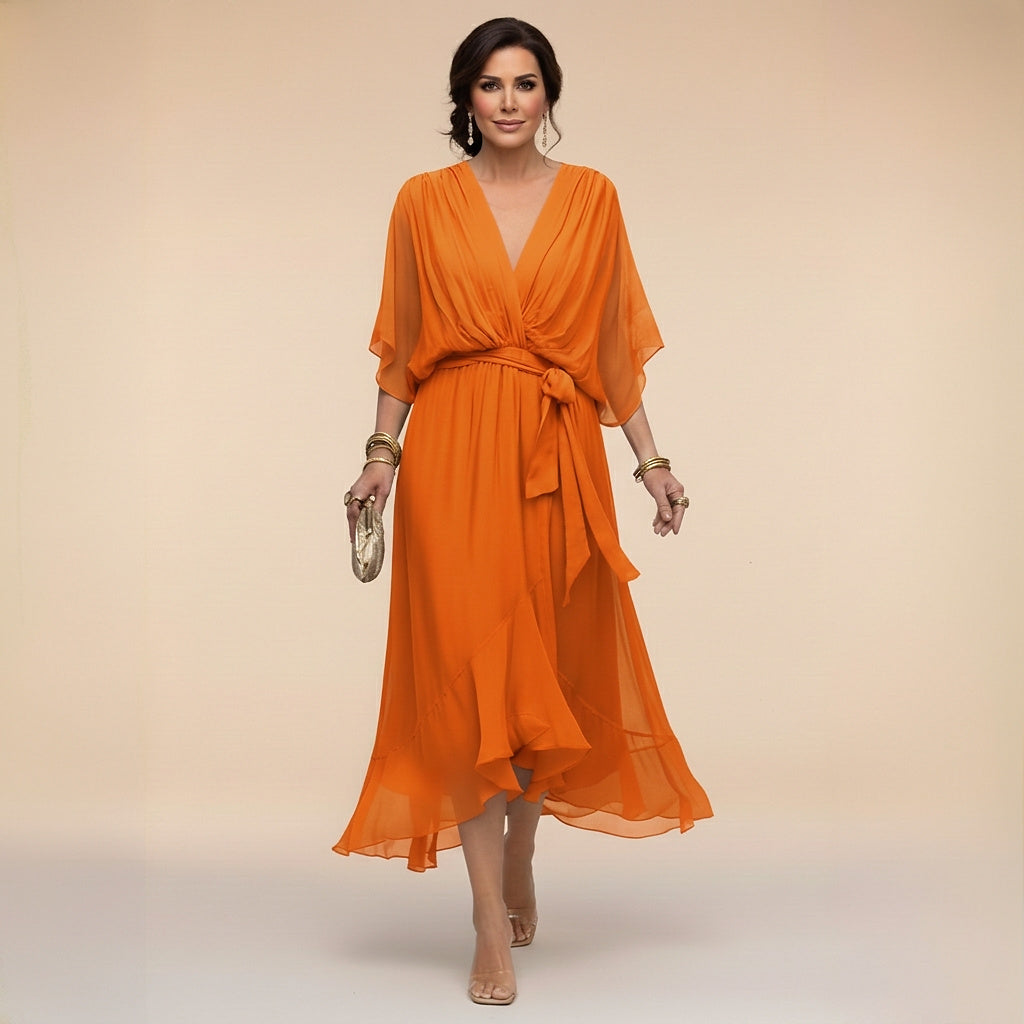 V-ringad midiklänning för dam med knytning i midjan-Midi Dress-Fjallbarn
