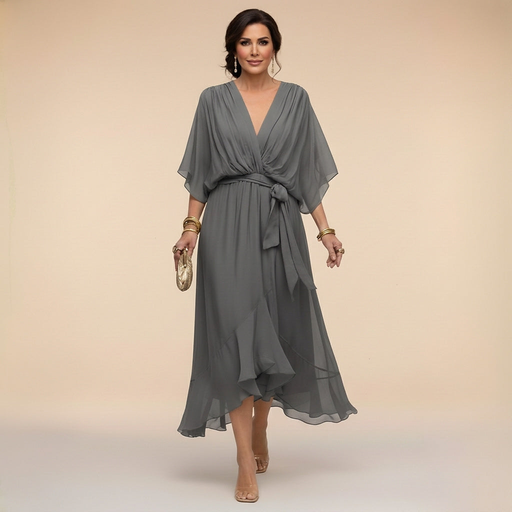 V-ringad midiklänning för dam med knytning i midjan-Midi Dress-Fjallbarn