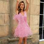 V-ringad miniklänning med fransar för dam-Mini Dress-Fjallbarn