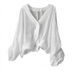 V-ringad texturerad blus med knappar för dam-Blouses for women-Fjallbarn