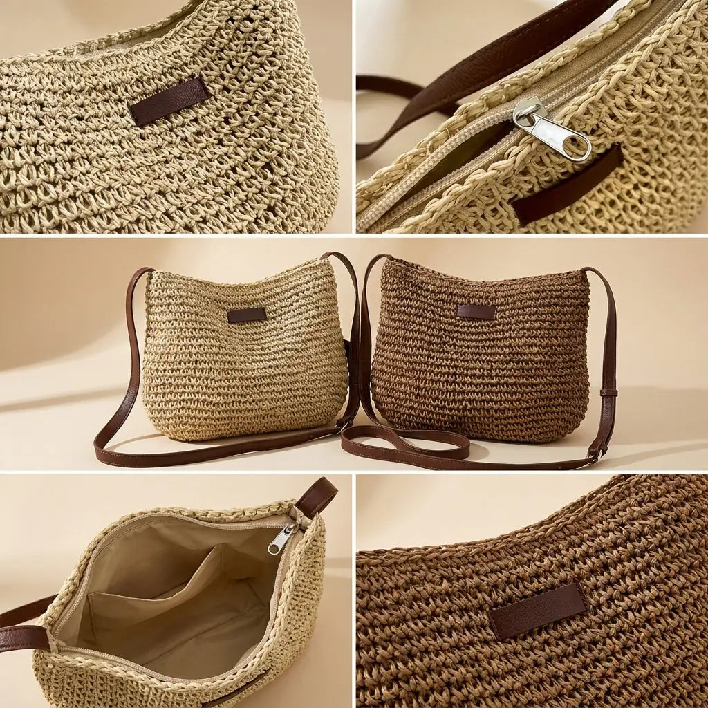 Vävd axelremsväska i halm för dam-Accessories for Women-Fjallbarn