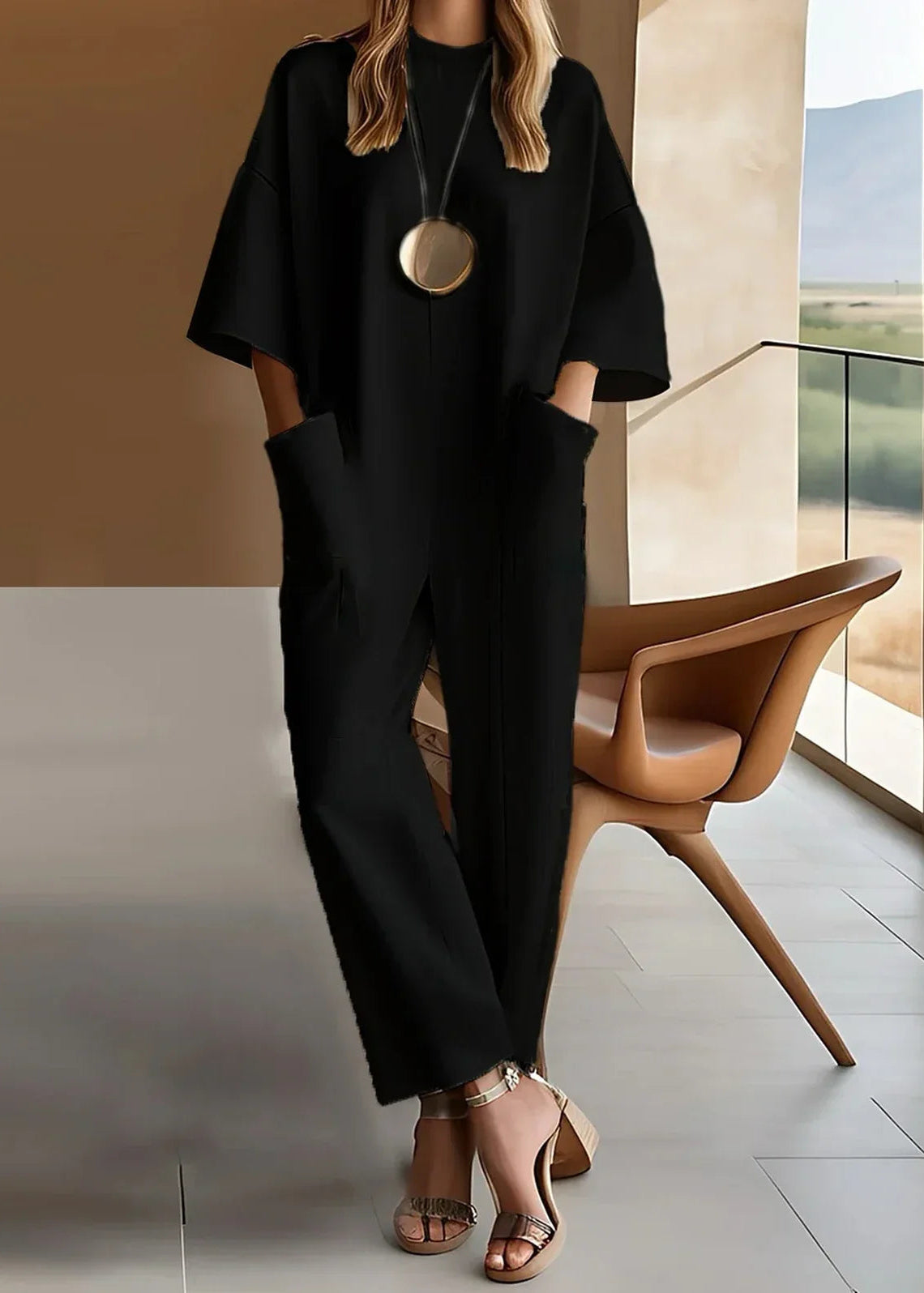 Vid jumpsuit för dam med rund halsringning-Jumpsuits for women-Fjallbarn